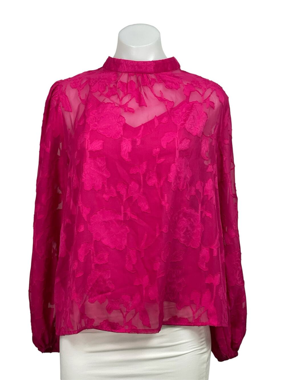 Flying Tomato Women's Pink Long Sleeve Floral Lace Sheer Mock Neck Blouse Top S